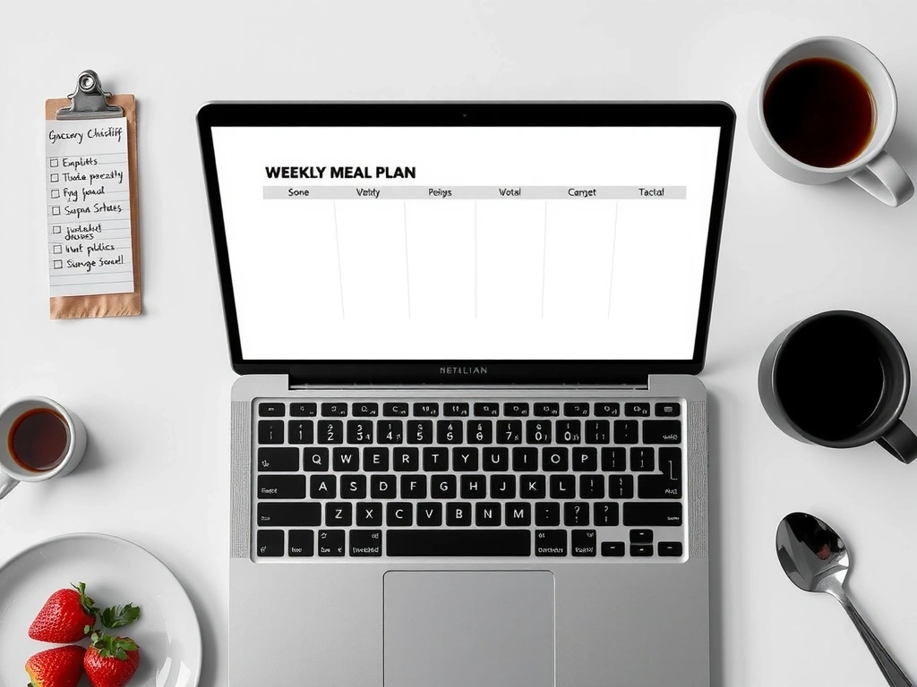 Dokumentarische Aufnahme: Laptop mit Plan, Einkaufsliste und Stift auf einem Tisch.